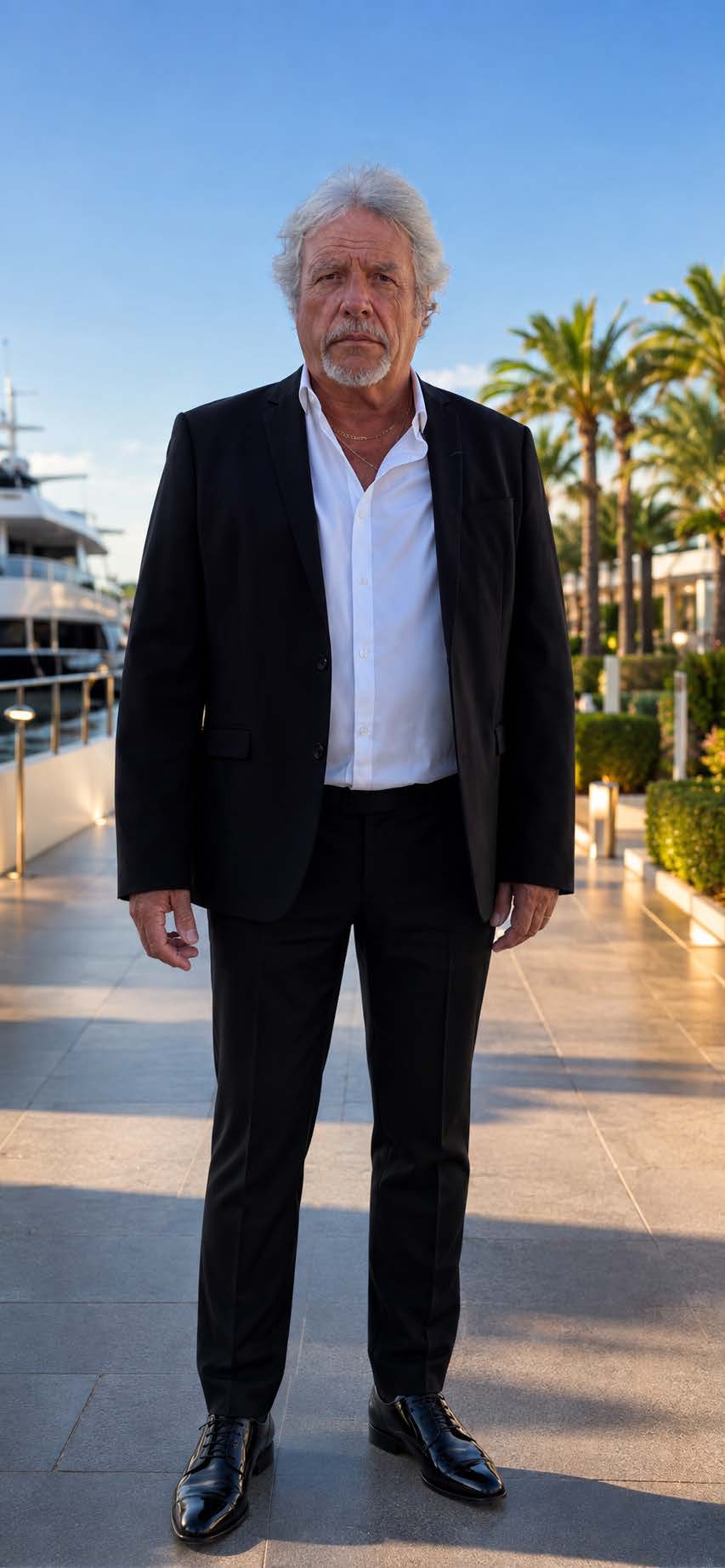 Marc Benech en costume dans un décor de marina
